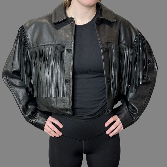 Re/Done Jackets & Blazers - Re/Done Black Leather Fringe Jacket Drop Shoulder Women's Small NWOT
